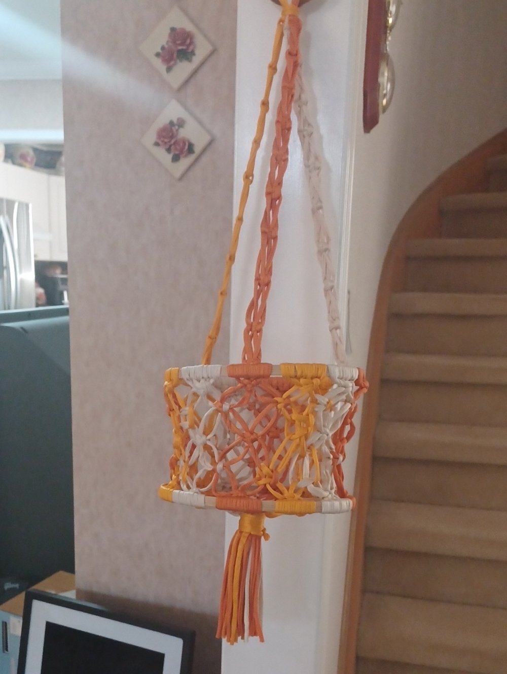 4/$60 New Orange & Cream Macrame Hanging Basket With Wooden Hoops